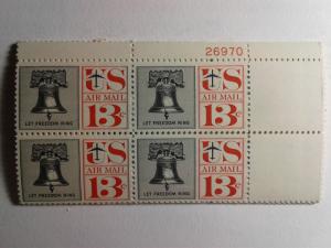 SCOTT # C62  LIBERTY BELL AIR MAIL PLATE BLOCK MINT NEVER HINGED. VERY NICE !