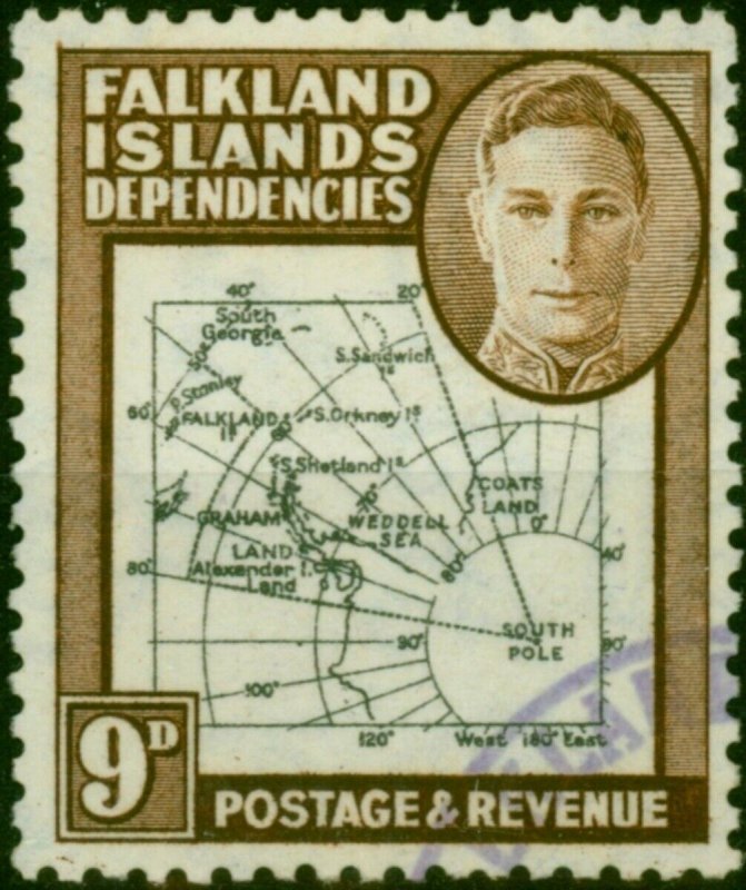 Falkland Island Dep 1946 9d Black & Brown SGG7a 'Gap in 80th Parallel' V.F.U