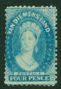 SG 85 Tasmania 1863-71. 4d blue. A fresh mounted mint example without gum...