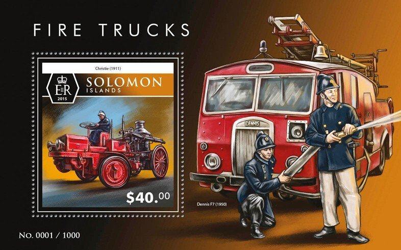 SOLOMON IS. - 2015 - Fire Trucks - Perf Souv Sheet - Mint Never Hinged