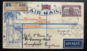 1931 Victoria Point India First Flight Cover To Croydon England Signed 