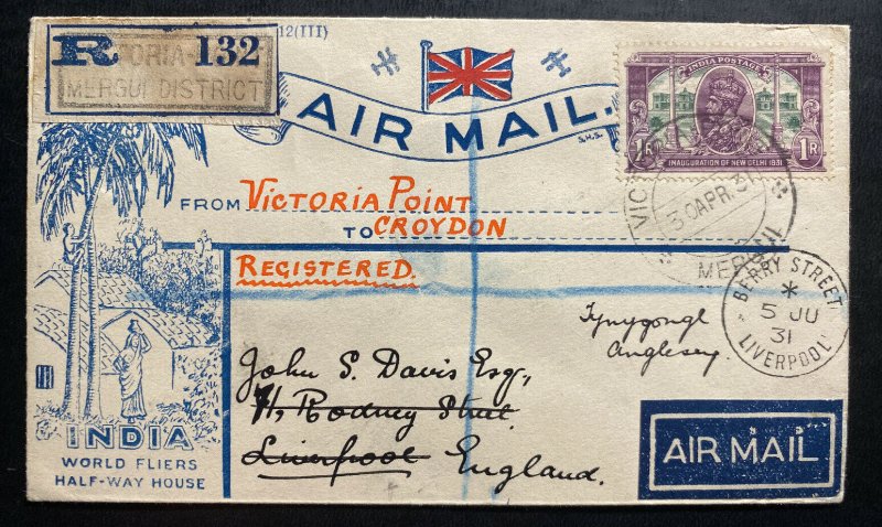 1931 Victoria Point India First Flight Cover To Croydon England Signed