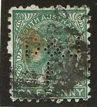 South Australia 64, used, stained, Perfin. 1876.  (A927)