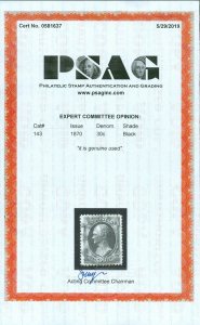 EDW1949SELL : USA 1870 Sc #143 VF Used. Choice & Very Rare. PSAG Cert. Cat $4000