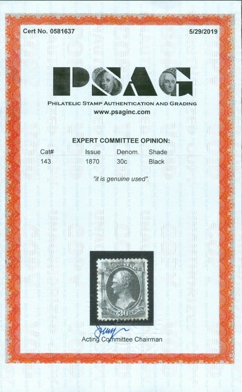 EDW1949SELL : USA 1870 Sc #143 VF Used. Choice & Very Rare. PSAG Cert. Cat $4000