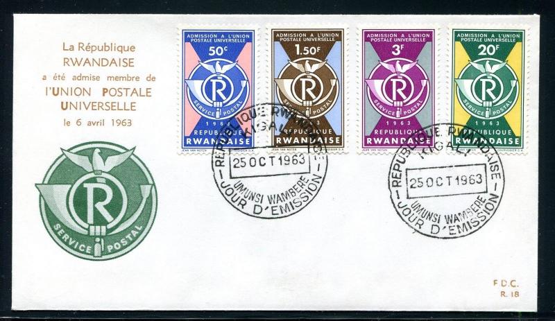 Rwanda FDC Rwanda's admission to the UPU, 1963. Post Horn, Pigeon x28744