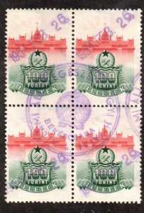 Hungary Revenue Illetek 63 Used Block of 4 (Documentary)