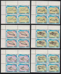 Somalia Zeppelin Helicopter Aircraft Aviation 6v Corner Blocks of 4 1993 MNH