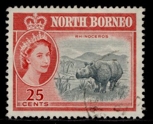 NORTH BORNEO QEII SG398, 25c grey-black & scarlet, FINE USED.