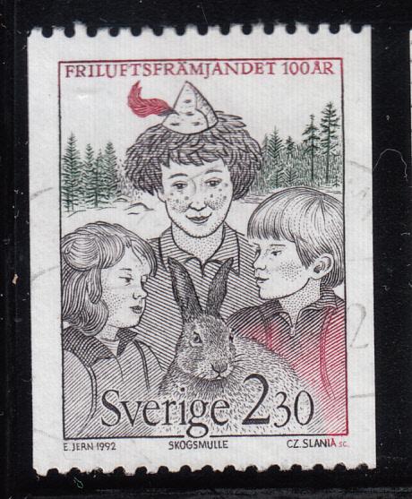 Sweden 1992 used Sc #1918 2.30k Children, rabbit Outdoor Life Assn 100th Slania