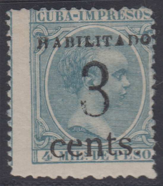 CUBA 1898-99 PUERTO PRINCIPE Bogus 3 Cents on 4 Mila. De Peso MNH