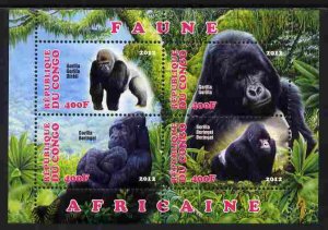 CONGO B. - 2012 - Gorillas - Perf 4v Sheet - MNH - Private Issue