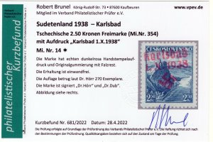 GERMANY OCCUPATION SUDETENLAND KARLSBAD MICHEL 14 BRUNEL CERT PERFECT MH