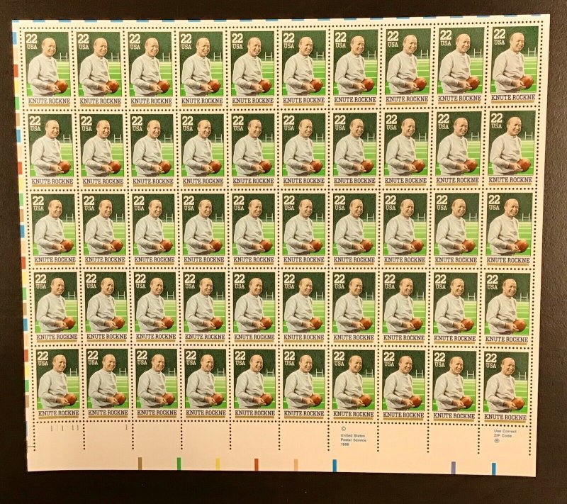  2376   Knute Rockne, Football   MNH 22 c Sheet of 50 FV $11.00.   Issued 1988