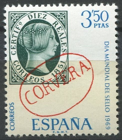 Spain Sc#1569 MNH, 3.50p grn, bl, red, World Stamp Day (1969) (1969)