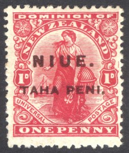 Niue 1917 TAHA PENI on 1d Carmine (NZ) Scott 19 SG 21 MLH Cat $24