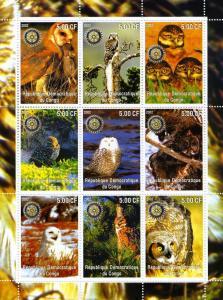 Congo R.D 2002 BIRDS OWLS Rotary Emblem Sheet (9) Perforated Mint (NH)