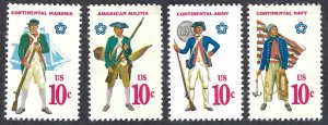 United States #1595-68 10¢ Revolutionary Uniforms (1975). Four singles. MNH