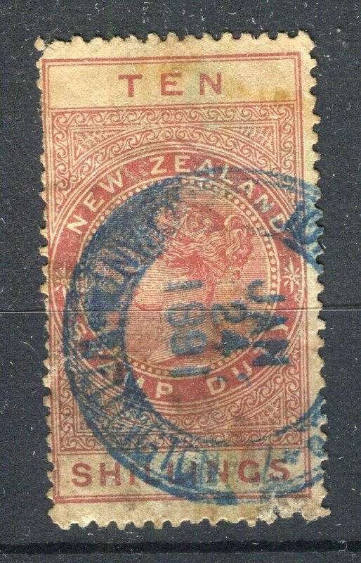 NEW ZEALAND; 1890s early classic QV Stamp Duty issue used 10s. value