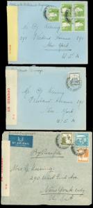 1940,41 WWII Censor Tape LOT/5 PALESTINE -NYC, HAIFA, TEL AVIV, Good Stamp Vars!