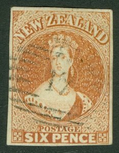 SG 15 New Zealand 1857-63. 6d chestnut, no watermark. Very fine used. 4 margi...