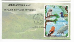 COLOMBIA 1993 AMERICA UPAEP ENDANGERED FAUNA BLOCK OF FOUR ON FIRST DAY COVER