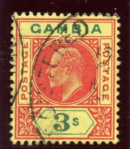 Gambia 1905 KEVII 3s carmine & green/yellow very fine used. SG 56. Sc 39.