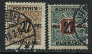 Denmark 1918 2 different stamps 41 ore and 1 kr overprinted 27 ore used