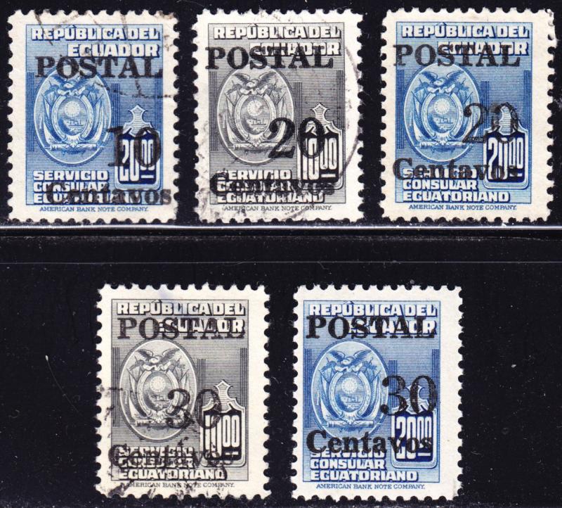 Ecuador Scott 566-570  complete set  F to VF mint & used. Sc 570 is mint OG NH.