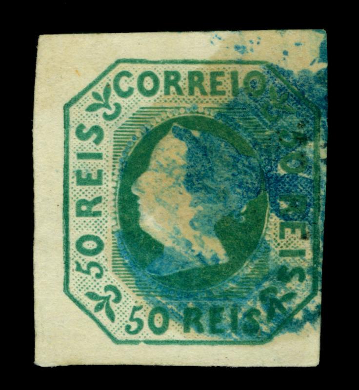 PORTUGAL 1853  Queen Maria  50reis blue green shade  Scott# 3a used VF w/ Cert.