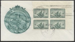 1949 #282 Newfoundland FDC Fulton Cachet Plate Block St John's