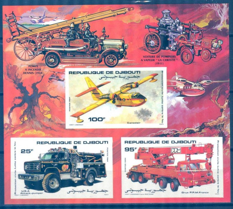 Djibouti 1984 Fire Department Cars Aircraft Mi. Bl.104B Imperf. MNH
