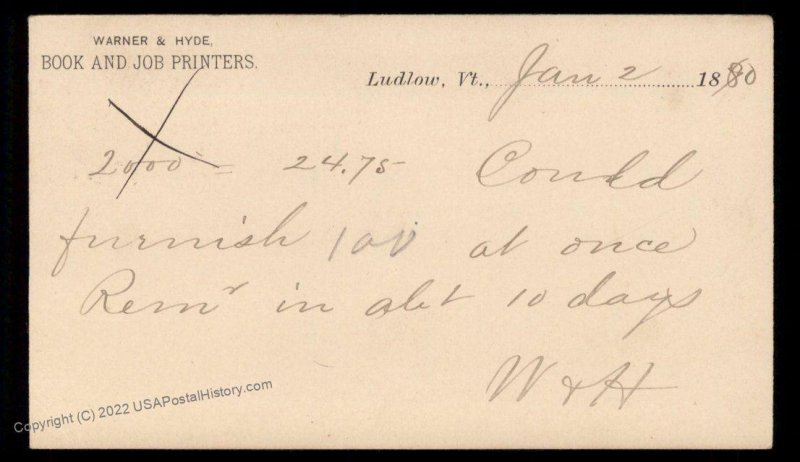 USA 1880 LUDLOW Windsor Vermont Double Circle CDS Postal Card Cover 96406