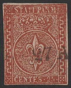 ITALY - PARMA 1853 Arms 25c red-brown. Sass 8 cat €1000.