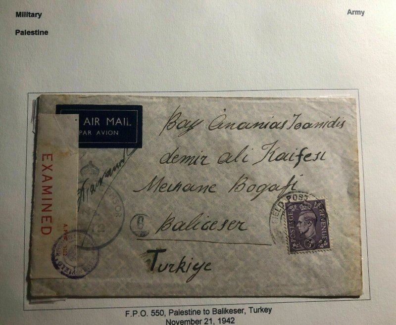 1942 Palestine British Field Post Airmail Censored Cover To Balikeser Turkey