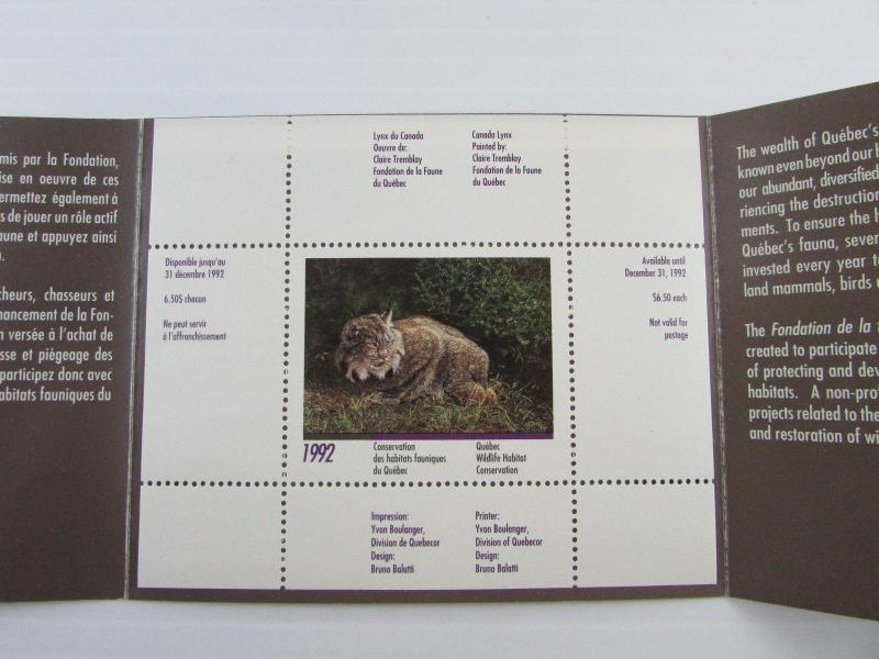 Canada Quebec Habitat Conservation folder with Lynx $6.50 stamp pane QW5 