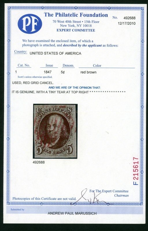 USAstamps Used FVF US 1847 Franklin 1st Stamp Scott 1 With Red Grid Cancel +Cert 