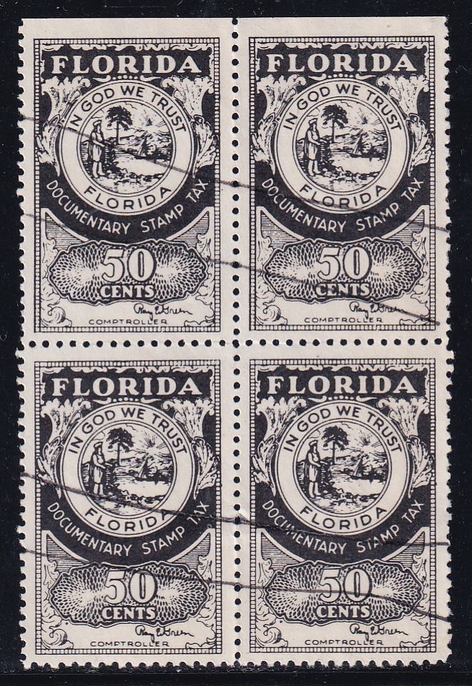 USA Florida Documentary Stamp Tax 50 Cents Top Rows Block of 4 Used No ...