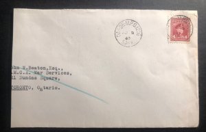 1943 Dafoe Canada Military Post Office MPO 1206 Piece cover To Toronto