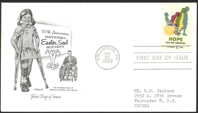 USA Sc# 1385 (Artmaster) FDC (a) (Columbus, OH) 1969 11.20 Hope for the Crippled