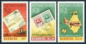 Barbuda 167-169,169a sheet,MNH. UPU-100,1974.Letter,Sailing ship,Plane,Map.