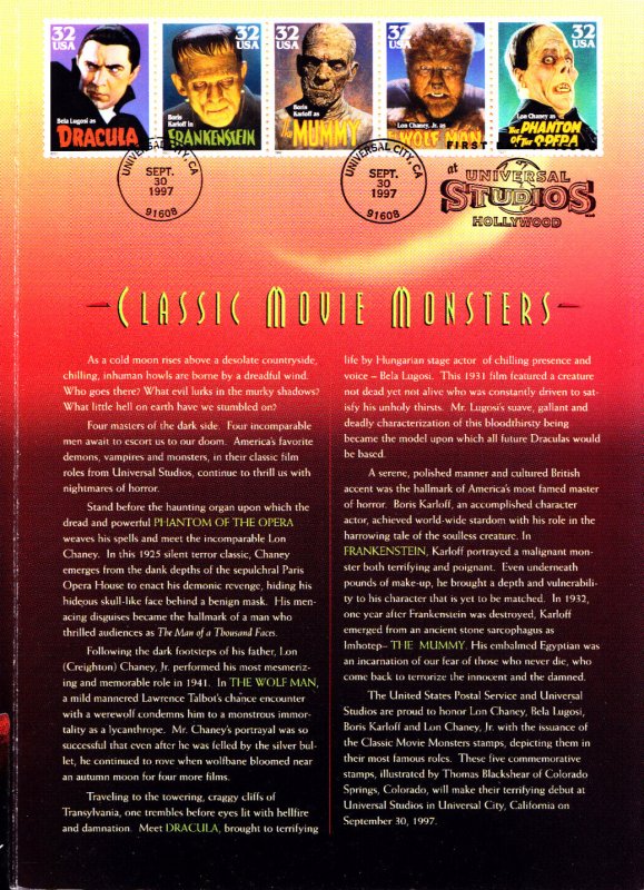 USPS FDC Ceremony Program #3168-72 Movie Monsters Lugosi Karloff Chaney 1997