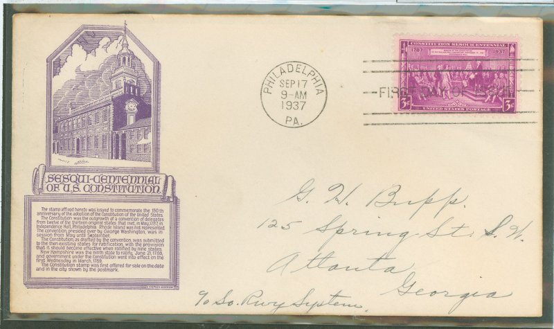 US 798 1937 3c US Constitution Sesquicentennial on an addressed FDC with an Anderson (blue) cachet