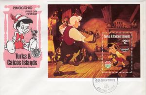 Turks and Caicos 1980 Sc#451 PINOCCHIO-DISNEY CHARACTERS S/S (1) FDC