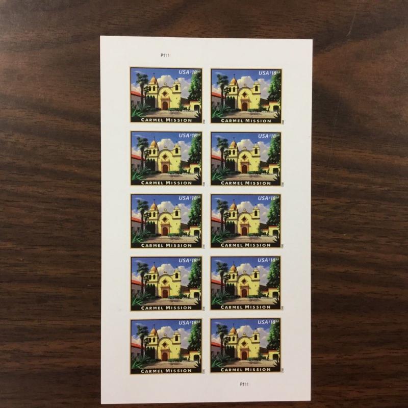 {BJ Stamps} 4650  Carmel Mission, CA, Express Mail.  Mint $18.95 sheet 10. 2012.