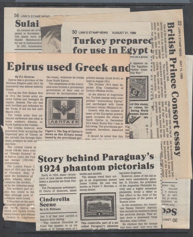 1980-2005 About 50 Clippings of articles on Cinderellas, Locals & Forgeries