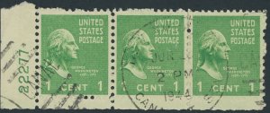 US 804 Presidential Issue; Used strip of 3; Plate 22277 -- See details and scans