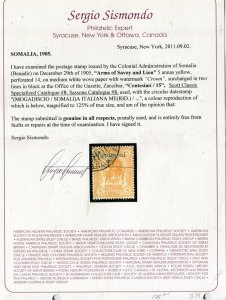 ITALIAN COLONIES; SOMALIA 1905 Scarce surcharged Lion Type 15/15a. used + CERT.