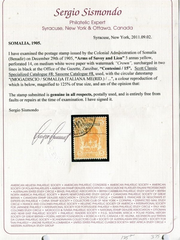 ITALIAN COLONIES; SOMALIA 1905 Scarce surcharged Lion Type 15/15a. used + CERT.