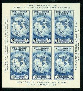 USA 1935 Byrd Antarctic Expedition 3¢ Farley Souvenir Sheet Scott # 735 MNH Y580